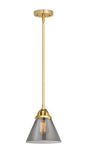 288-1S-SG-G43 Stem Hung 7.75" Satin Gold Mini Pendant - Plated Smoke Large Cone Glass - LED Bulb - Dimmensions: 7.75 x 7.75 x 8.75<br>Minimum Height : 18.25<br>Maximum Height : 42.25 - Sloped Ceiling Compatible: Yes