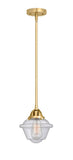 288-1S-SG-G534 Stem Hung 7.5" Satin Gold Mini Pendant - Seedy Small Oxford Glass - LED Bulb - Dimmensions: 7.5 x 7.5 x 8.5<br>Minimum Height : 18<br>Maximum Height : 42 - Sloped Ceiling Compatible: Yes