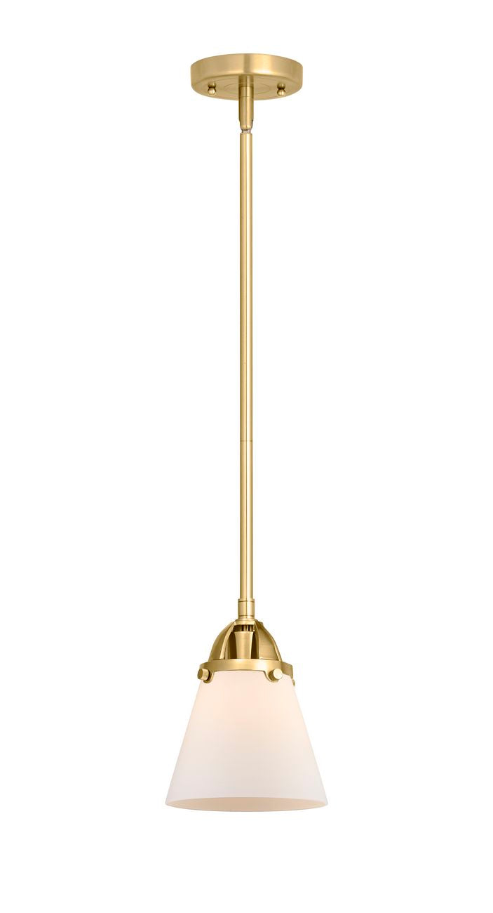 288-1S-SG-G61 Stem Hung 6.25" Satin Gold Mini Pendant - Matte White Cased Small Cone Glass - LED Bulb - Dimmensions: 6.25 x 6.25 x 8.5<br>Minimum Height : 18<br>Maximum Height : 42 - Sloped Ceiling Compatible: Yes