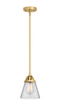 288-1S-SG-G62 Stem Hung 6.25" Satin Gold Mini Pendant - Clear Small Cone Glass - LED Bulb - Dimmensions: 6.25 x 6.25 x 8.5<br>Minimum Height : 18<br>Maximum Height : 42 - Sloped Ceiling Compatible: Yes