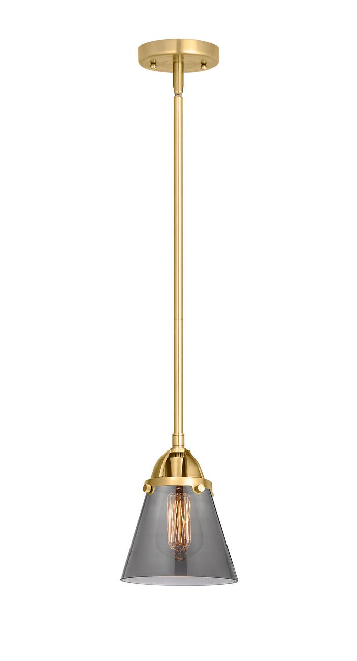 288-1S-SG-G63 Stem Hung 6.25" Satin Gold Mini Pendant - Plated Smoke Small Cone Glass - LED Bulb - Dimmensions: 6.25 x 6.25 x 8.5<br>Minimum Height : 18<br>Maximum Height : 42 - Sloped Ceiling Compatible: Yes