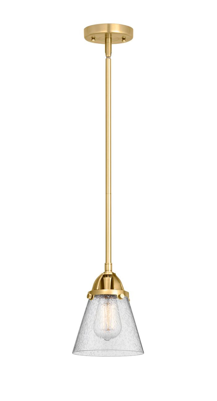288-1S-SG-G64 Stem Hung 6.25" Satin Gold Mini Pendant - Seedy Small Cone Glass - LED Bulb - Dimmensions: 6.25 x 6.25 x 8.5<br>Minimum Height : 18<br>Maximum Height : 42 - Sloped Ceiling Compatible: Yes