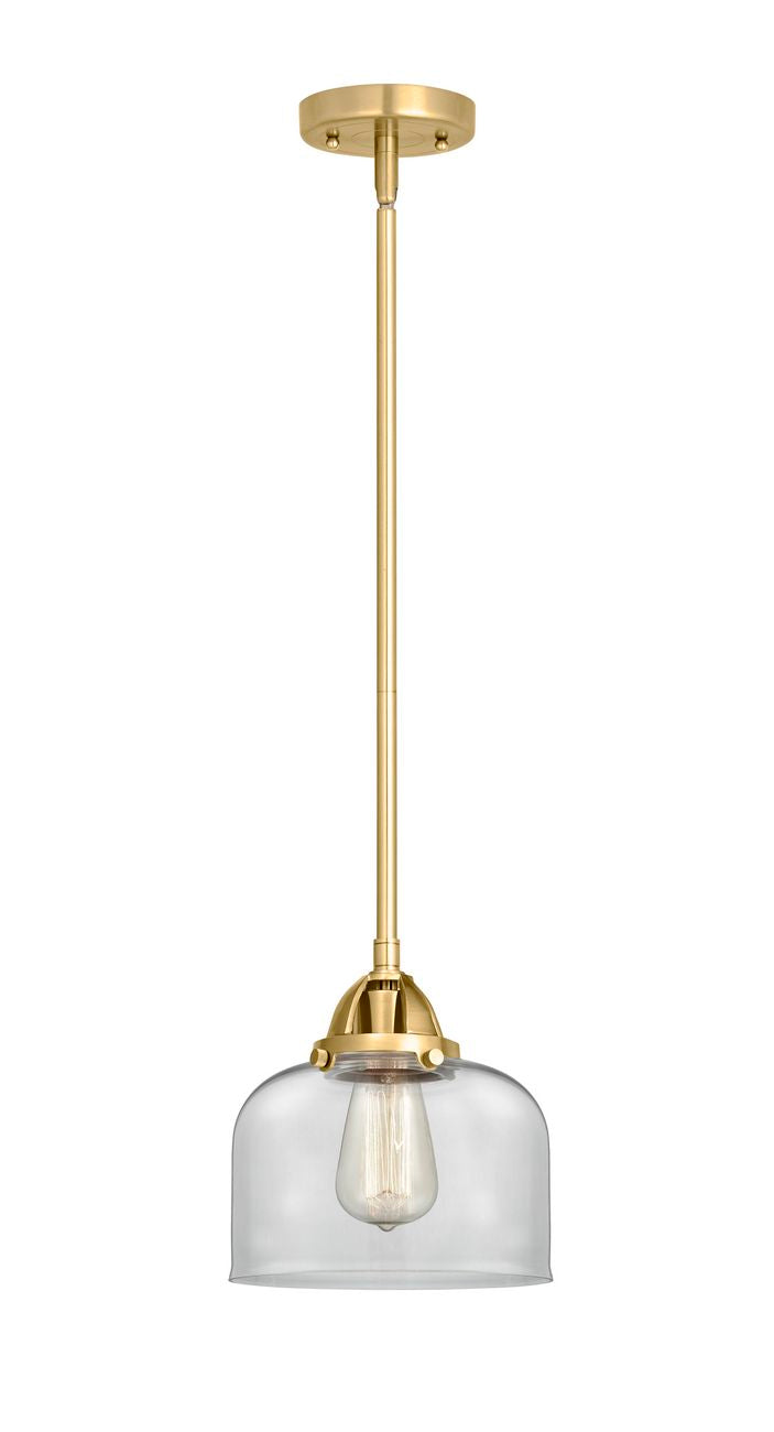 288-1S-SG-G72 Stem Hung 8" Satin Gold Mini Pendant - Clear Large Bell Glass - LED Bulb - Dimmensions: 8 x 8 x 8.5<br>Minimum Height : 18<br>Maximum Height : 42 - Sloped Ceiling Compatible: Yes