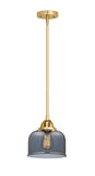288-1S-SG-G73 Stem Hung 8" Satin Gold Mini Pendant - Plated Smoke Large Bell Glass - LED Bulb - Dimmensions: 8 x 8 x 8.5<br>Minimum Height : 18<br>Maximum Height : 42 - Sloped Ceiling Compatible: Yes