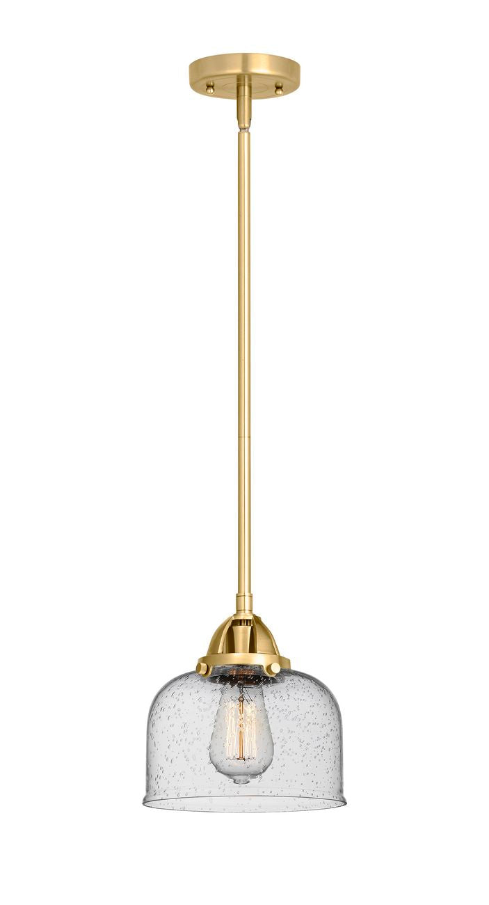 288-1S-SG-G74 Stem Hung 8" Satin Gold Mini Pendant - Seedy Large Bell Glass - LED Bulb - Dimmensions: 8 x 8 x 8.5<br>Minimum Height : 18<br>Maximum Height : 42 - Sloped Ceiling Compatible: Yes