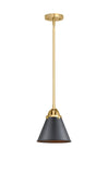 288-1S-SG-M13-BK Stem Hung 8" Satin Gold Mini Pendant - Matte Black Appalachian Shade - LED Bulb - Dimmensions: 8 x 8 x 8.875<br>Minimum Height : 18.375<br>Maximum Height : 42.375 - Sloped Ceiling Compatible: Yes
