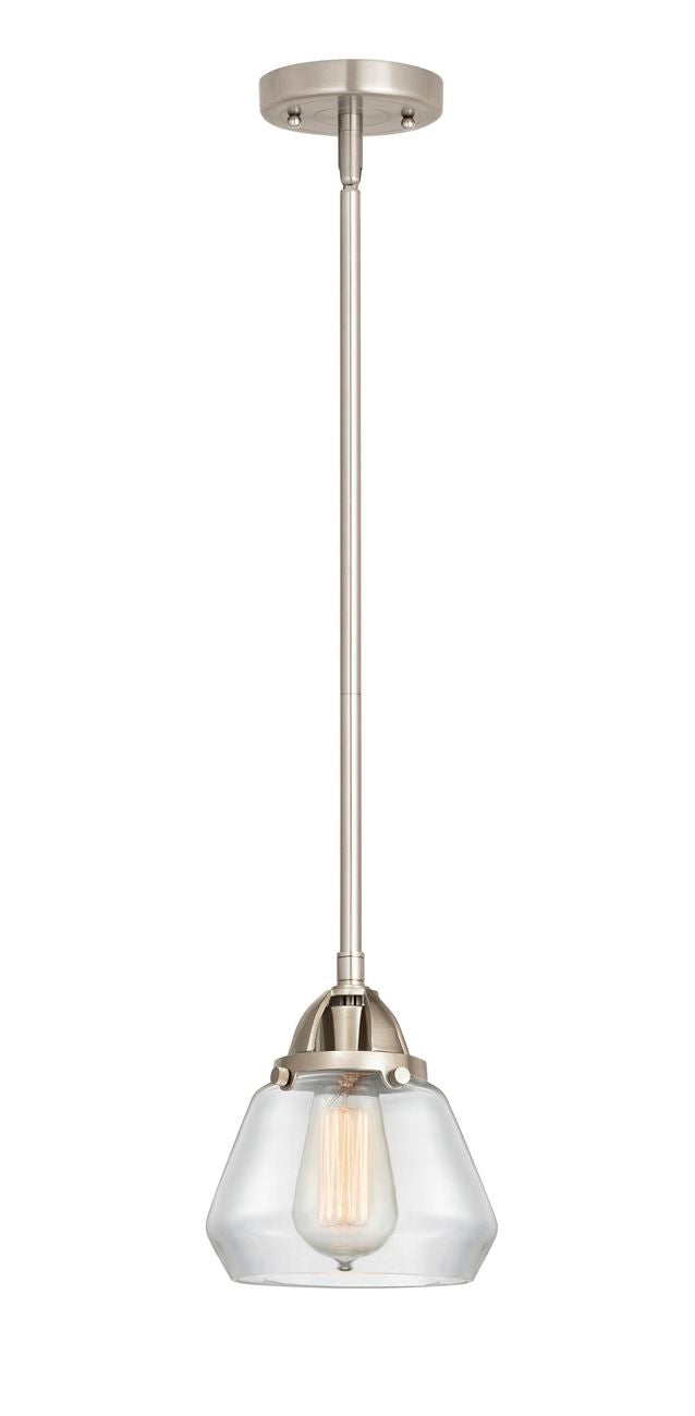 288-1S-SN-G172 Stem Hung 6.75" Brushed Satin Nickel Mini Pendant - Clear Fulton Glass - LED Bulb - Dimmensions: 6.75 x 6.75 x 8<br>Minimum Height : 17.5<br>Maximum Height : 41.5 - Sloped Ceiling Compatible: Yes