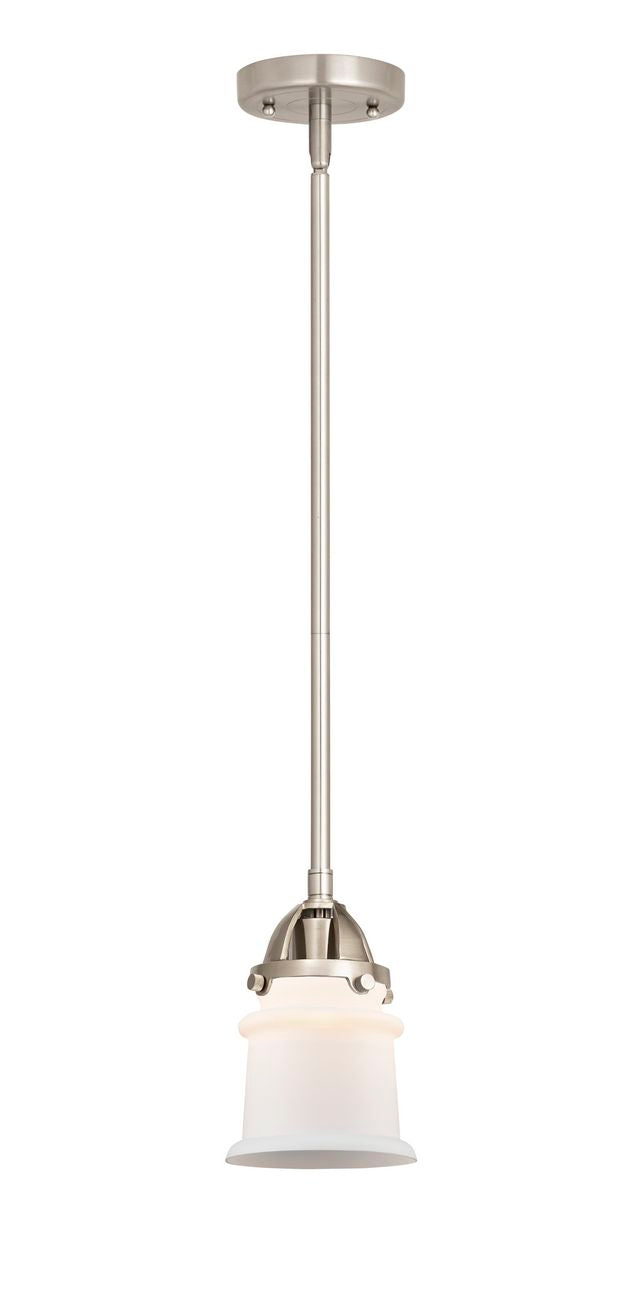 288-1S-SN-G181S Stem Hung 5.25" Brushed Satin Nickel Mini Pendant - Matte White Small Canton Glass - LED Bulb - Dimmensions: 5.25 x 5.25 x 8.25<br>Minimum Height : 17.75<br>Maximum Height : 41.75 - Sloped Ceiling Compatible: Yes
