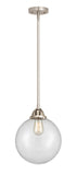 288-1S-SN-G202-10 Stem Hung 10" Brushed Satin Nickel Mini Pendant - Clear Beacon Glass - LED Bulb - Dimmensions: 10 x 10 x 12.5<br>Minimum Height : 22<br>Maximum Height : 46 - Sloped Ceiling Compatible: Yes