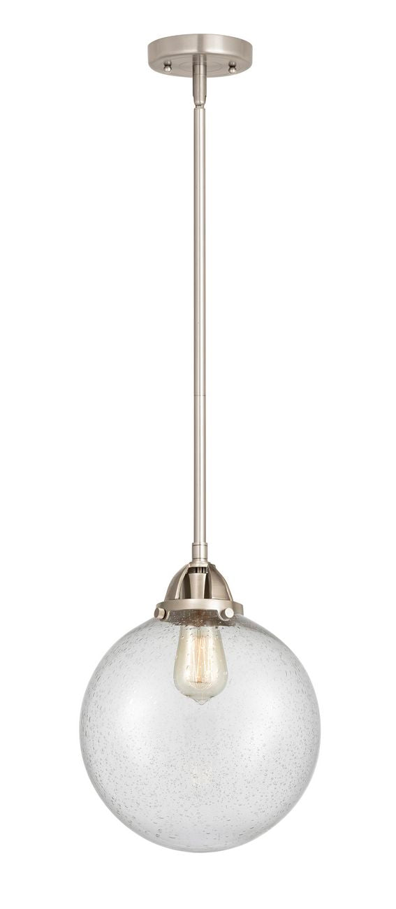 288-1S-SN-G204-10 Stem Hung 10" Brushed Satin Nickel Mini Pendant - Seedy Beacon Glass - LED Bulb - Dimmensions: 10 x 10 x 12.5<br>Minimum Height : 22<br>Maximum Height : 46 - Sloped Ceiling Compatible: Yes