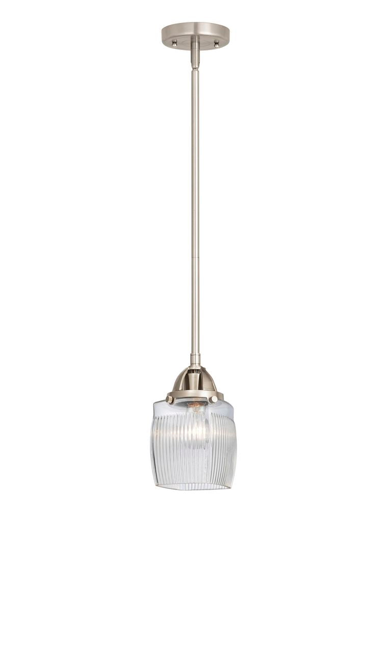 288-1S-SN-G302 Stem Hung 5.5" Brushed Satin Nickel Mini Pendant - Thick Clear Halophane Colton Glass - LED Bulb - Dimmensions: 5.5 x 5.5 x 8.75<br>Minimum Height : 18.25<br>Maximum Height : 42.25 - Sloped Ceiling Compatible: Yes