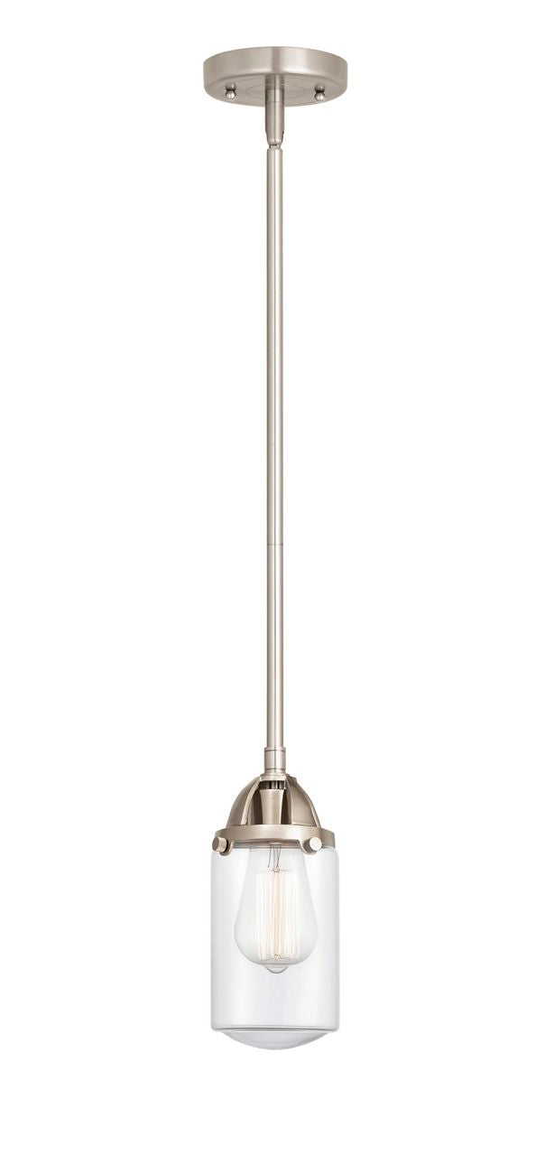 288-1S-SN-G312 Stem Hung 4.5" Brushed Satin Nickel Mini Pendant - Clear Dover Glass - LED Bulb - Dimmensions: 4.5 x 4.5 x 9.25<br>Minimum Height : 18.75<br>Maximum Height : 42.75 - Sloped Ceiling Compatible: Yes