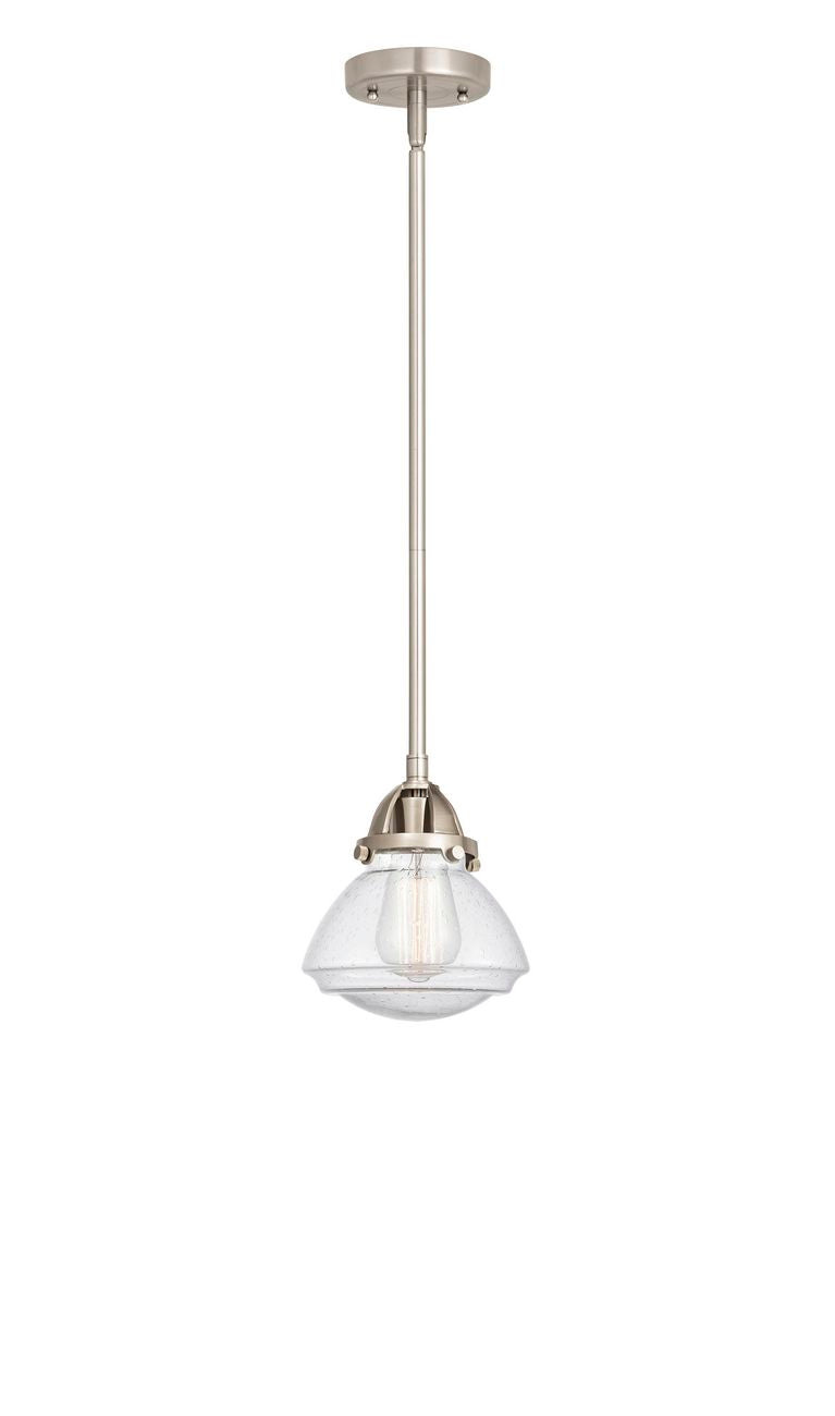 288-1S-SN-G324 Stem Hung 6.75" Brushed Satin Nickel Mini Pendant - Seedy Olean Glass - LED Bulb - Dimmensions: 6.75 x 6.75 x 7.75<br>Minimum Height : 17.25<br>Maximum Height : 41.25 - Sloped Ceiling Compatible: Yes