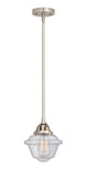 288-1S-SN-G534 Stem Hung 7.5" Brushed Satin Nickel Mini Pendant - Seedy Small Oxford Glass - LED Bulb - Dimmensions: 7.5 x 7.5 x 8.5<br>Minimum Height : 18<br>Maximum Height : 42 - Sloped Ceiling Compatible: Yes