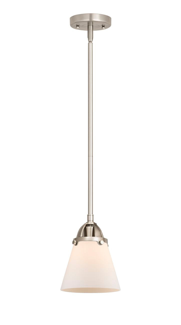 288-1S-SN-G61 Stem Hung 6.25" Brushed Satin Nickel Mini Pendant - Matte White Cased Small Cone Glass - LED Bulb - Dimmensions: 6.25 x 6.25 x 8.5<br>Minimum Height : 18<br>Maximum Height : 42 - Sloped Ceiling Compatible: Yes