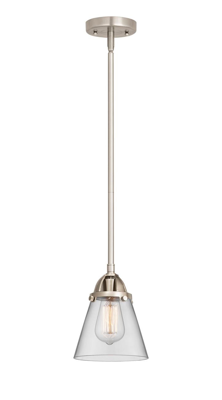288-1S-SN-G62 Stem Hung 6.25" Brushed Satin Nickel Mini Pendant - Clear Small Cone Glass - LED Bulb - Dimmensions: 6.25 x 6.25 x 8.5<br>Minimum Height : 18<br>Maximum Height : 42 - Sloped Ceiling Compatible: Yes