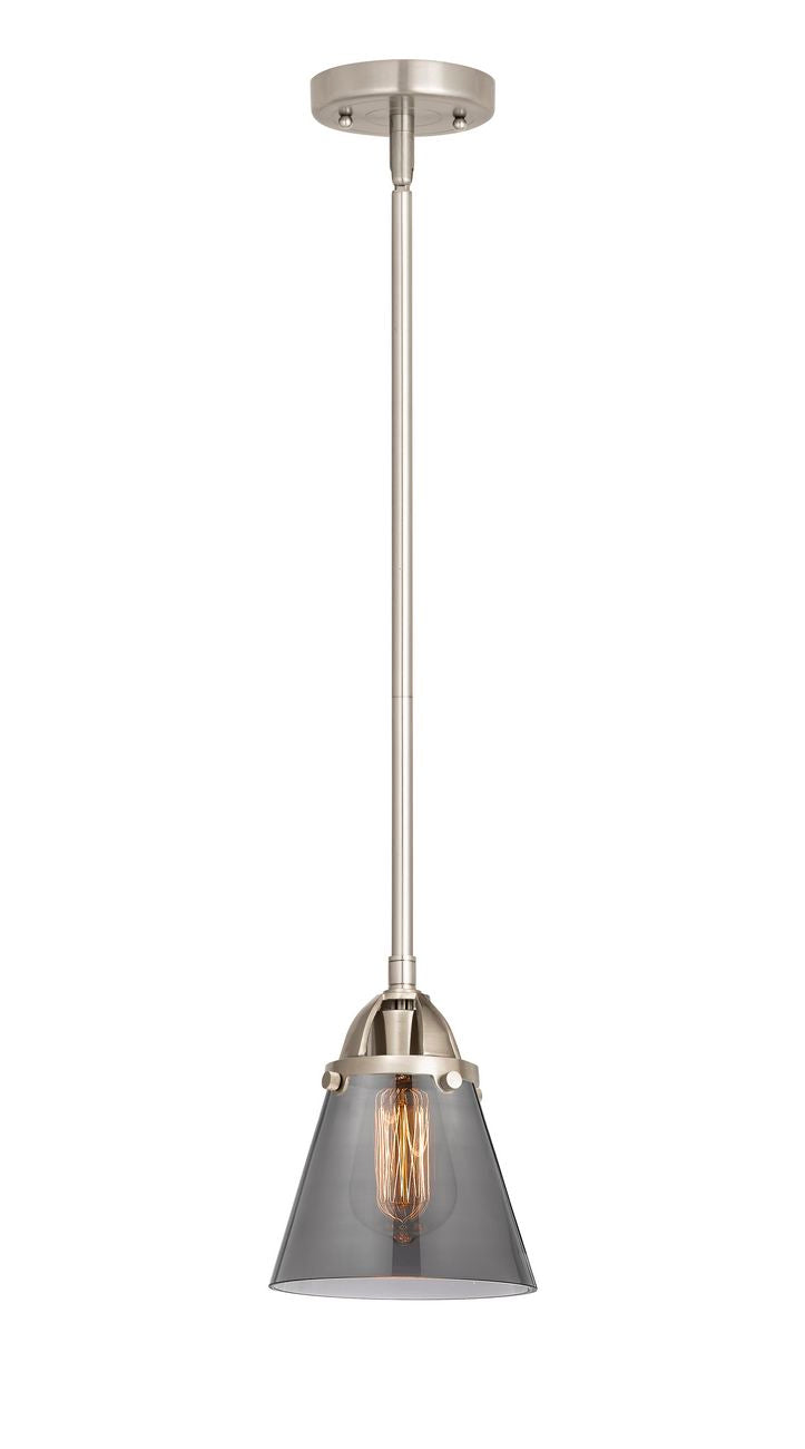 288-1S-SN-G63 Stem Hung 6.25" Brushed Satin Nickel Mini Pendant - Plated Smoke Small Cone Glass - LED Bulb - Dimmensions: 6.25 x 6.25 x 8.5<br>Minimum Height : 18<br>Maximum Height : 42 - Sloped Ceiling Compatible: Yes