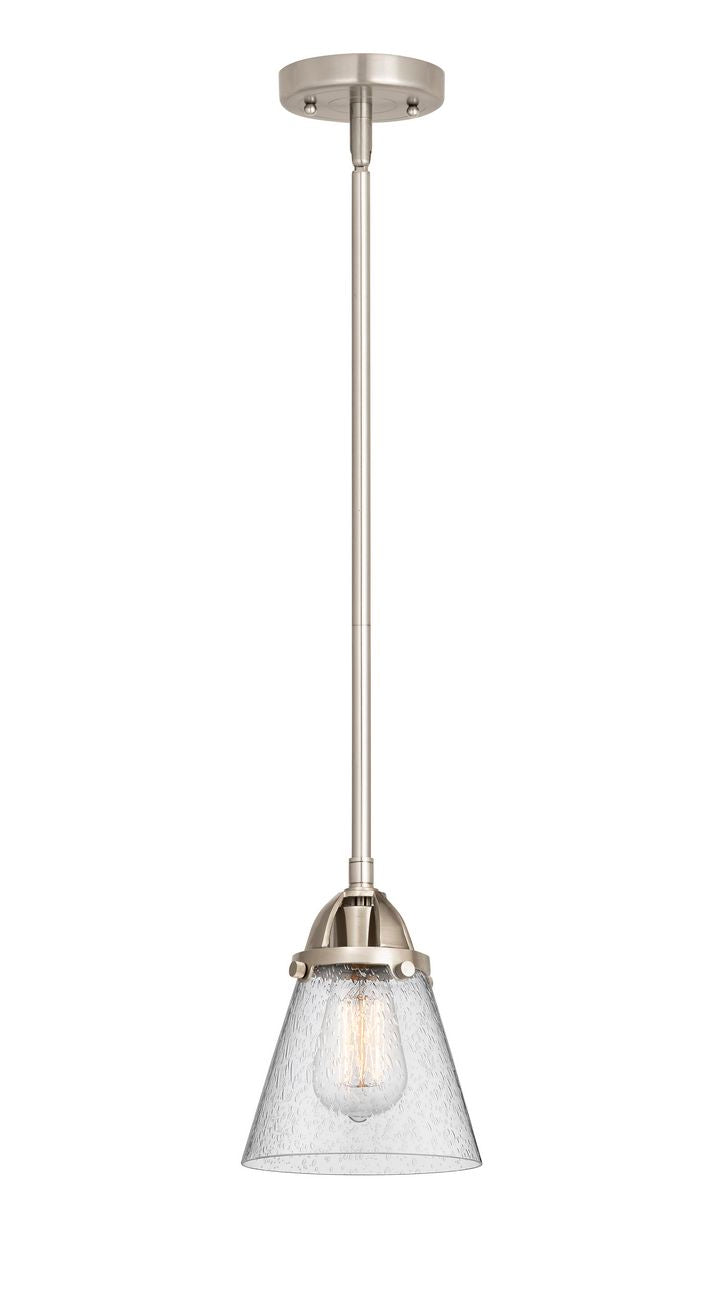 288-1S-SN-G64 Stem Hung 6.25" Brushed Satin Nickel Mini Pendant - Seedy Small Cone Glass - LED Bulb - Dimmensions: 6.25 x 6.25 x 8.5<br>Minimum Height : 18<br>Maximum Height : 42 - Sloped Ceiling Compatible: Yes