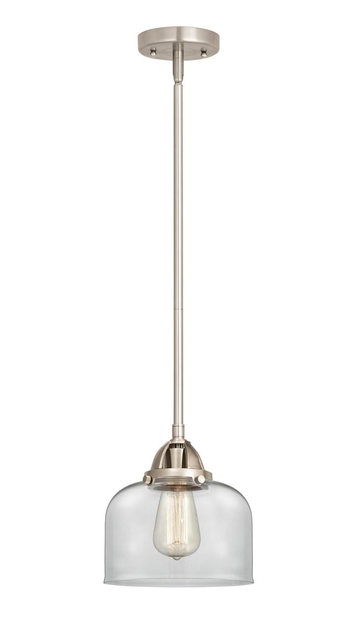 288-1S-SN-G72 Stem Hung 8" Brushed Satin Nickel Mini Pendant - Clear Large Bell Glass - LED Bulb - Dimmensions: 8 x 8 x 8.5<br>Minimum Height : 18<br>Maximum Height : 42 - Sloped Ceiling Compatible: Yes