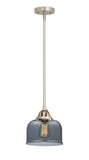 288-1S-SN-G73 Stem Hung 8" Brushed Satin Nickel Mini Pendant - Plated Smoke Large Bell Glass - LED Bulb - Dimmensions: 8 x 8 x 8.5<br>Minimum Height : 18<br>Maximum Height : 42 - Sloped Ceiling Compatible: Yes