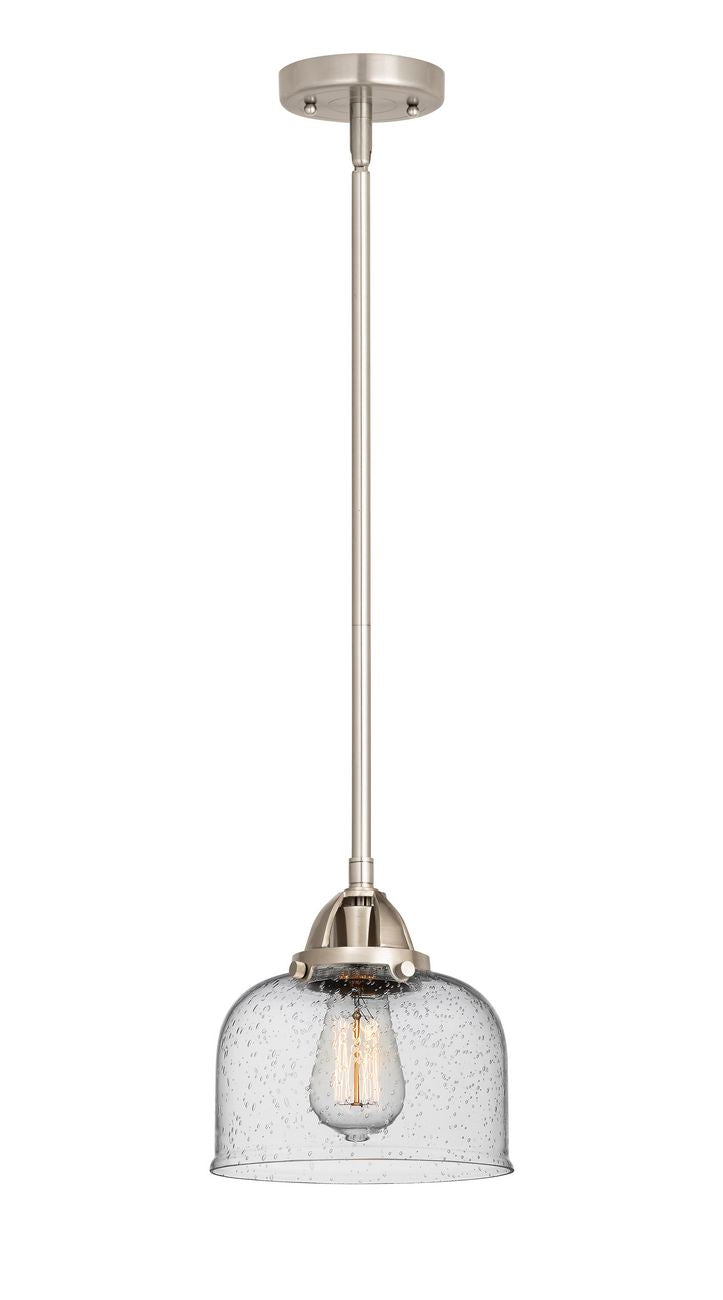 288-1S-SN-G74 Stem Hung 8" Brushed Satin Nickel Mini Pendant - Seedy Large Bell Glass - LED Bulb - Dimmensions: 8 x 8 x 8.5<br>Minimum Height : 18<br>Maximum Height : 42 - Sloped Ceiling Compatible: Yes