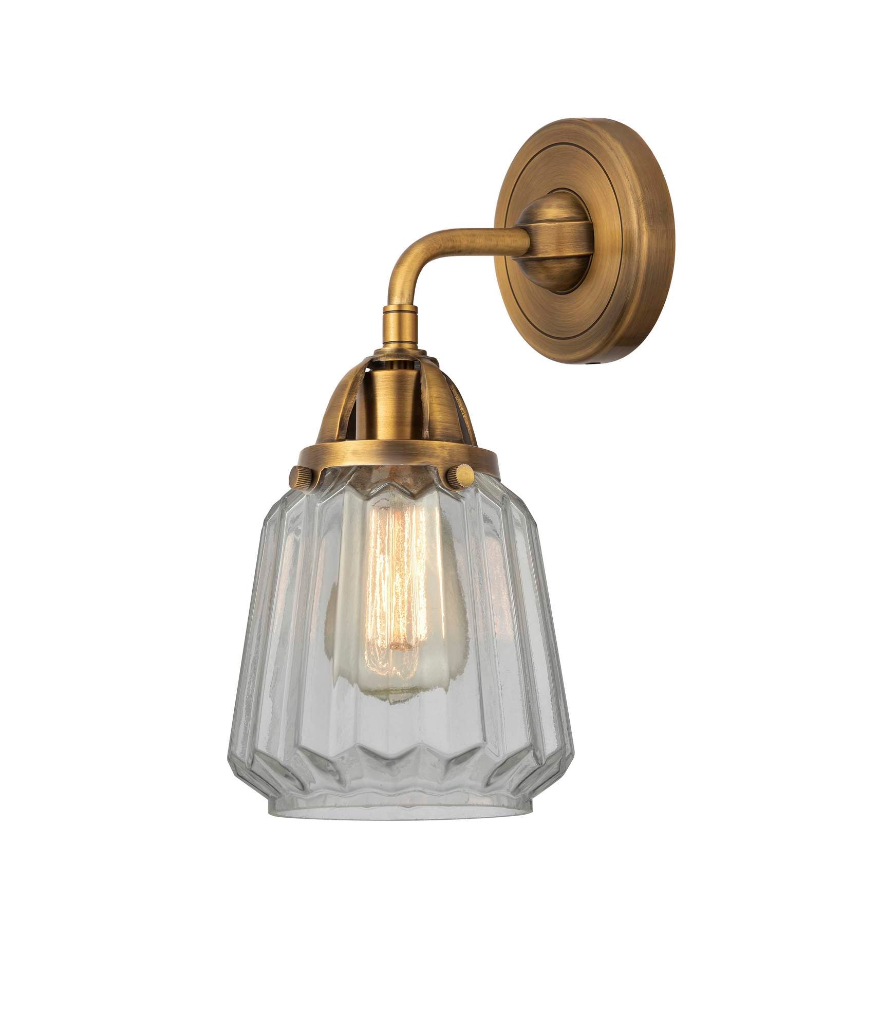288-1W-BB-G142 1-Light 7" Brushed Brass Sconce - Clear Chatham Glass - LED Bulb - Dimmensions: 7 x 7.25 x 10.125 - Glass Up or Down: Yes
