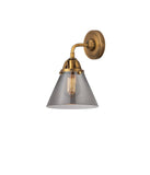 288-1W-BB-G43 1-Light 7.75" Brushed Brass Sconce - Plated Smoke Large Cone Glass - LED Bulb - Dimmensions: 7.75 x 8.125 x 10.375 - Glass Up or Down: Yes