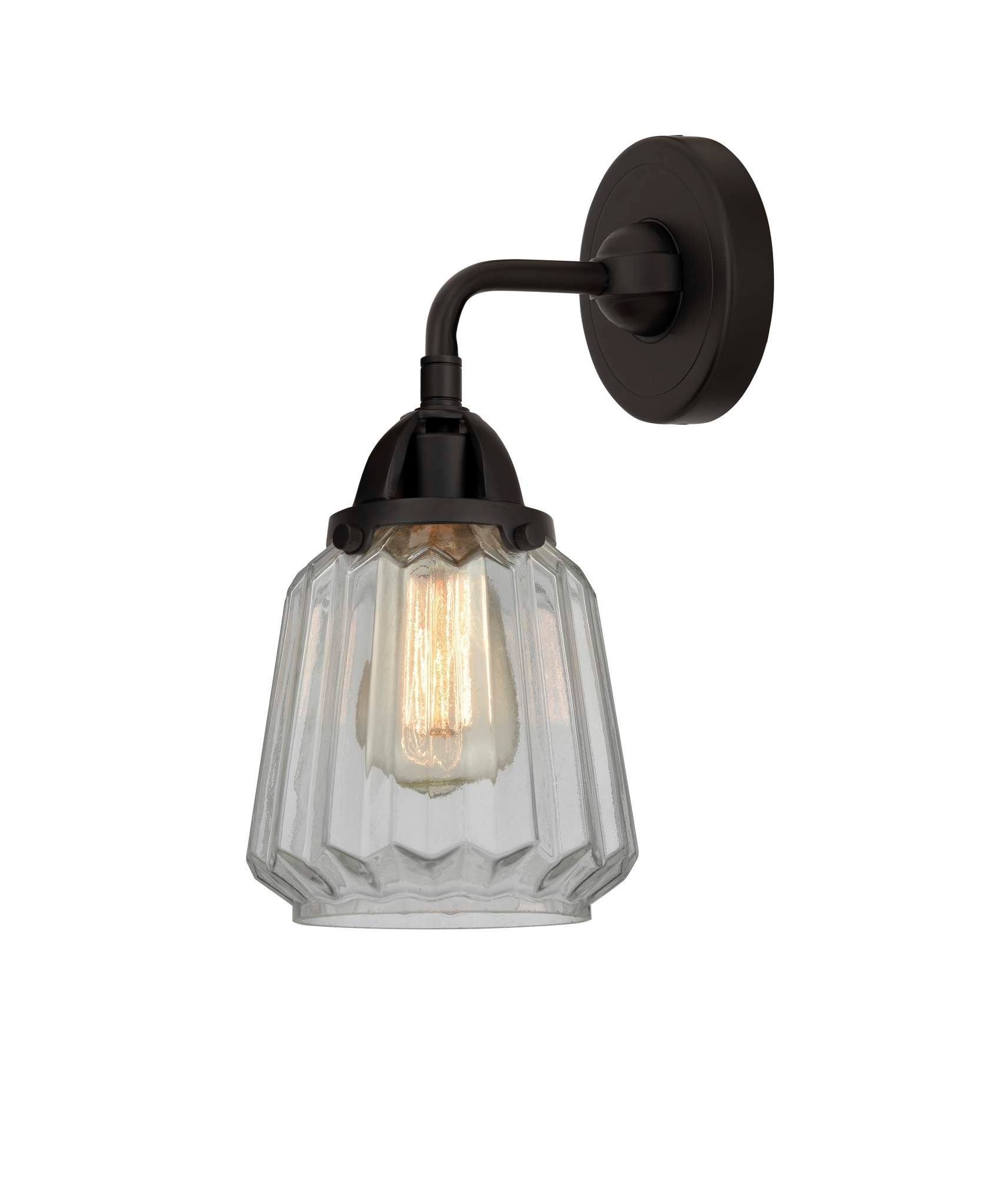 288-1W-BK-G142 1-Light 7" Matte Black Sconce - Clear Chatham Glass - LED Bulb - Dimmensions: 7 x 7.25 x 10.125 - Glass Up or Down: Yes