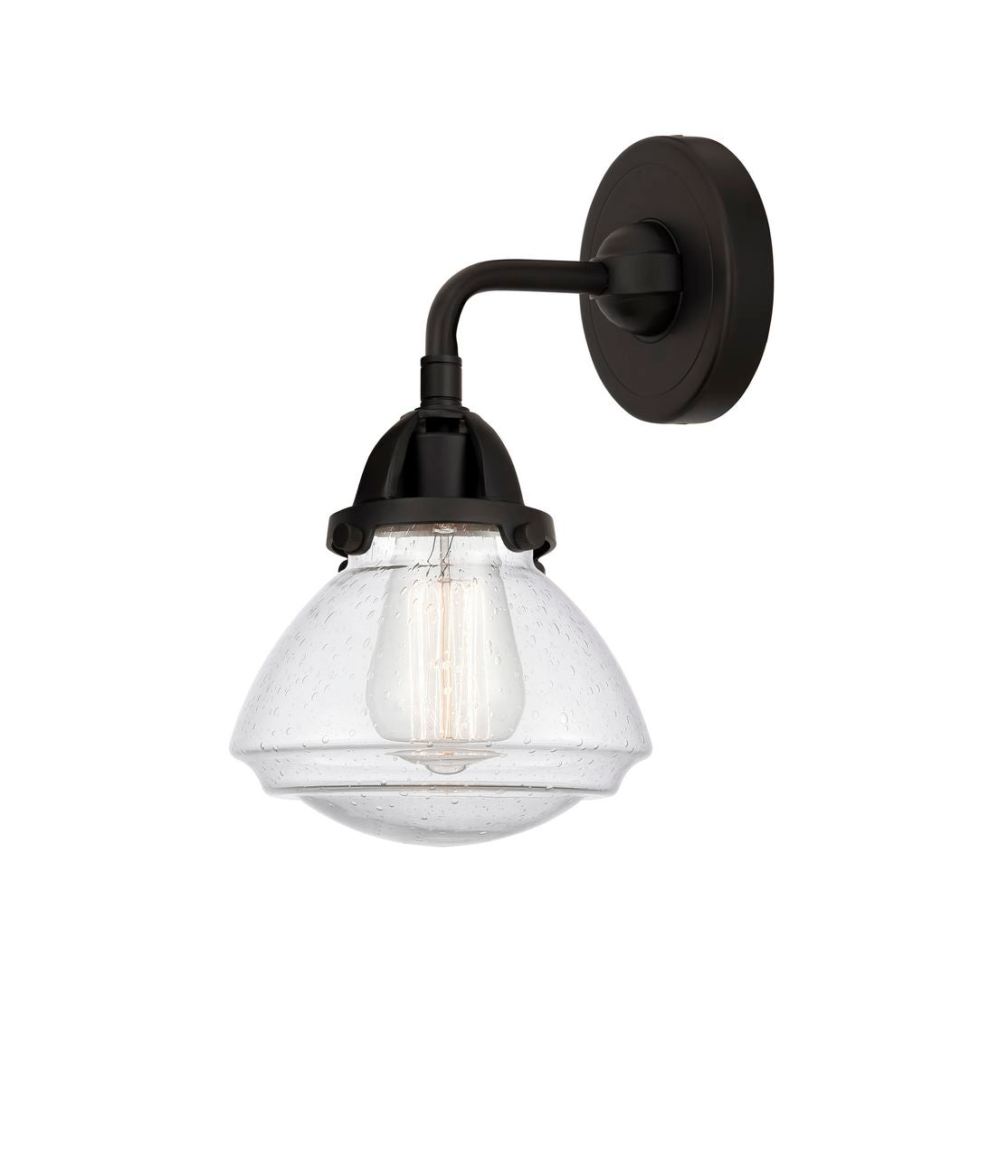 288-1W-BK-G324 1-Light 6.75" Matte Black Sconce - Seedy Olean Glass - LED Bulb - Dimmensions: 6.75 x 6.875 x 9.375 - Glass Up or Down: Yes