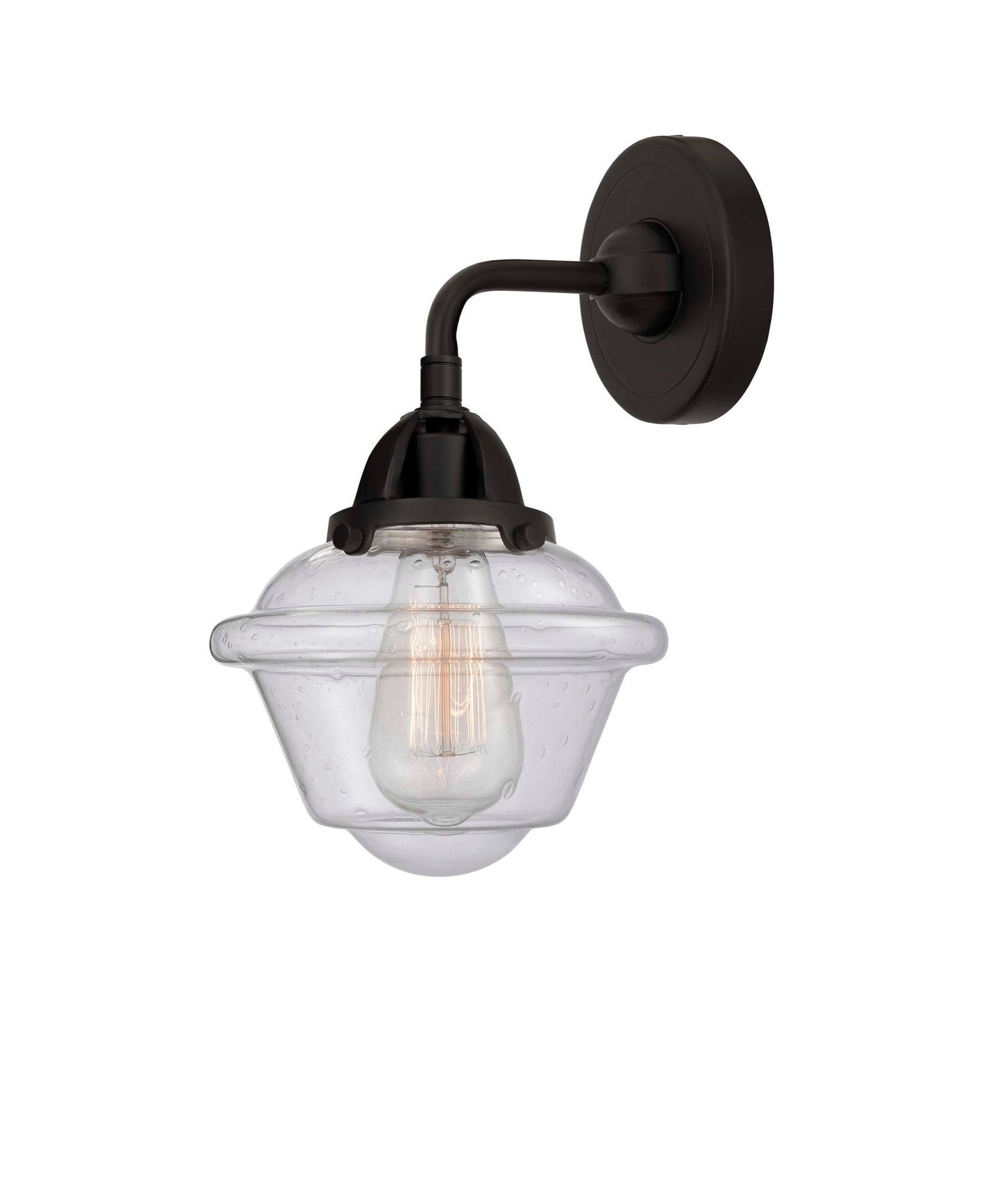 288-1W-BK-G534 1-Light 7.5" Matte Black Sconce - Seedy Small Oxford Glass - LED Bulb - Dimmensions: 7.5 x 8 x 10.125 - Glass Up or Down: Yes