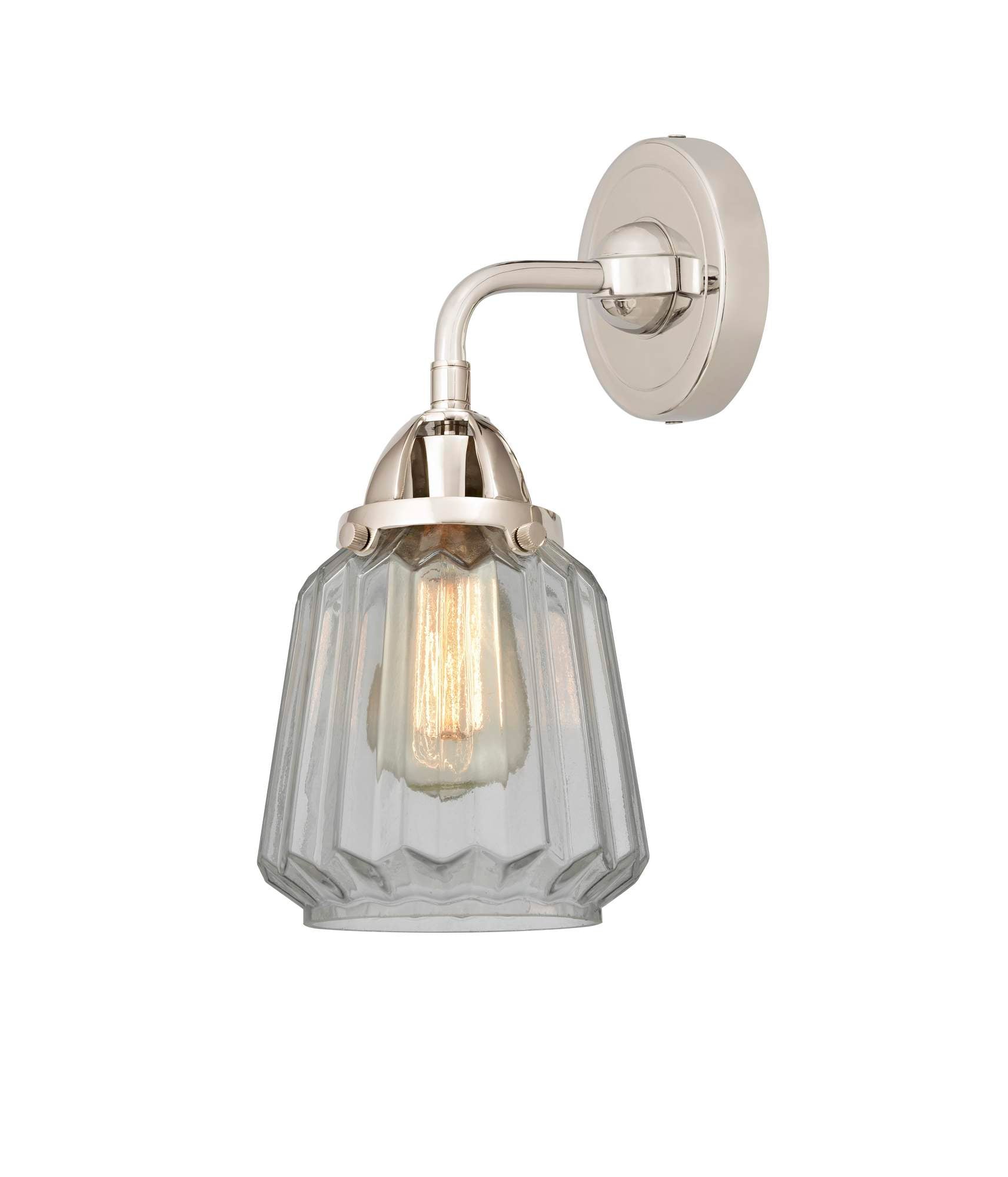 288-1W-PN-G142 1-Light 7" Polished Nickel Sconce - Clear Chatham Glass - LED Bulb - Dimmensions: 7 x 7.25 x 10.125 - Glass Up or Down: Yes
