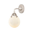 288-1W-PN-G201-6 1-Light 6" Polished Nickel Sconce - Matte White Cased Beacon Glass - LED Bulb - Dimmensions: 6 x 7.25 x 10.125 - Glass Up or Down: Yes