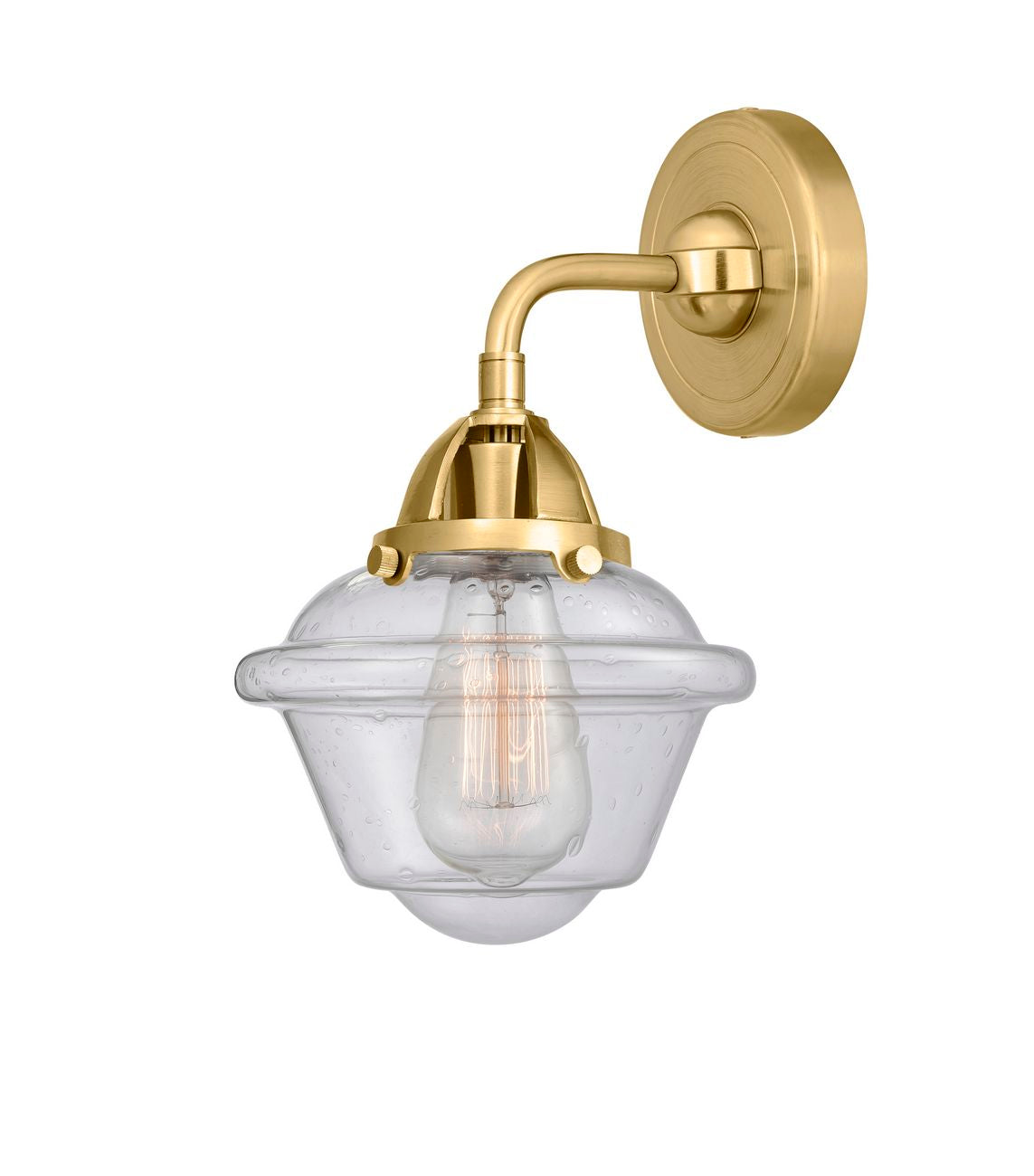 288-1W-SG-G534 1-Light 7.5" Satin Gold Sconce - Seedy Small Oxford Glass - LED Bulb - Dimmensions: 7.5 x 8 x 10.125 - Glass Up or Down: Yes