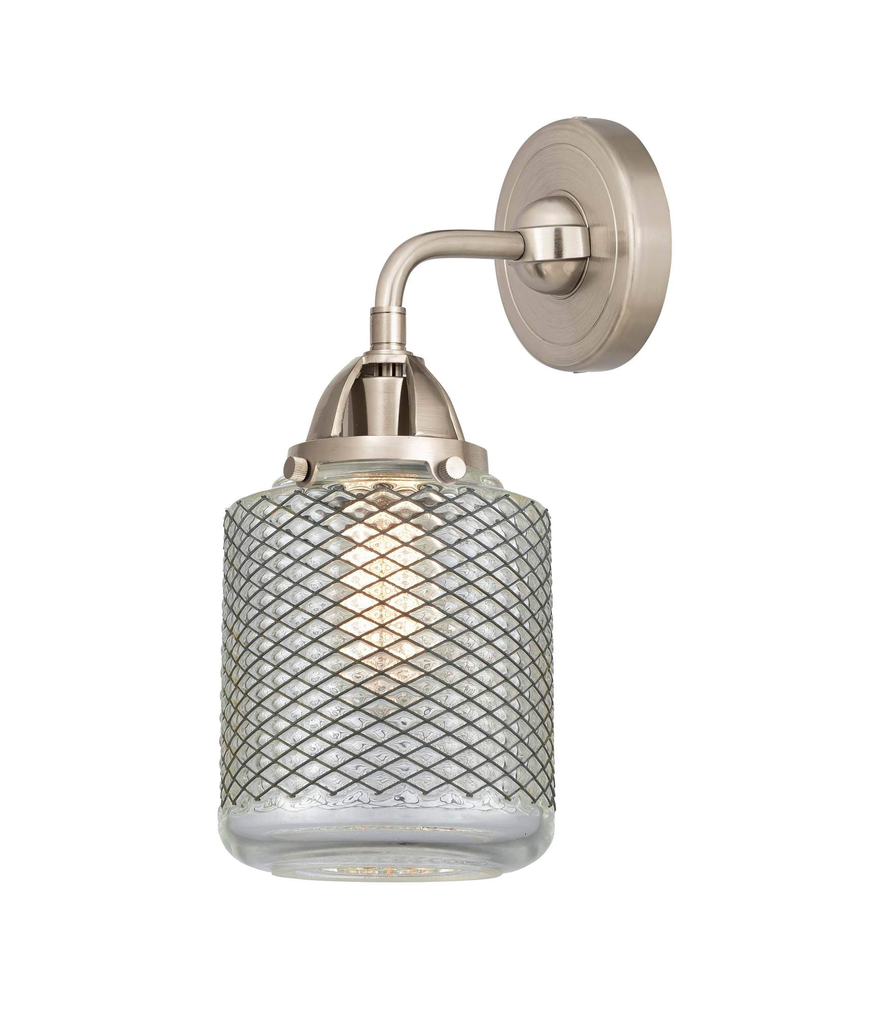 288-1W-SN-G262 1-Light 6" Brushed Satin Nickel Sconce - Vintage Wire Mesh Stanton Glass - LED Bulb - Dimmensions: 6 x 7.25 x 12.125 - Glass Up or Down: Yes