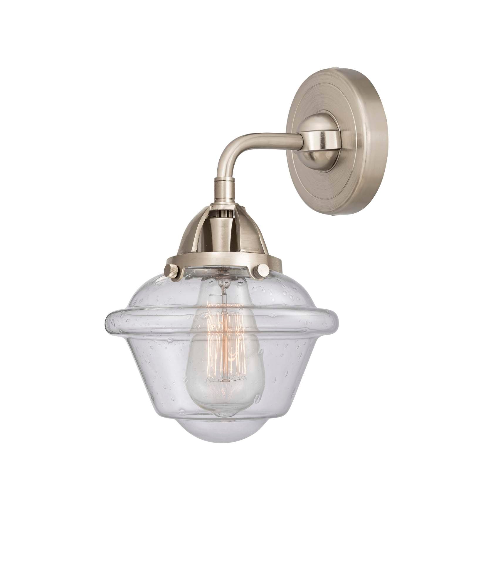 288-1W-SN-G534 1-Light 7.5" Brushed Satin Nickel Sconce - Seedy Small Oxford Glass - LED Bulb - Dimmensions: 7.5 x 8 x 10.125 - Glass Up or Down: Yes