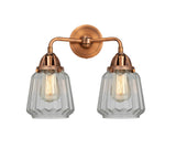 288-2W-AC-G142 2-Light 14" Antique Copper Bath Vanity Light - Clear Chatham Glass - LED Bulb - Dimmensions: 14 x 7.25 x 12.125 - Glass Up or Down: Yes