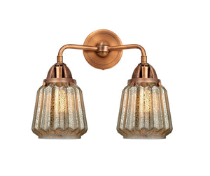 288-2W-AC-G146 2-Light 14" Antique Copper Bath Vanity Light - Mercury Plated Chatham Glass - LED Bulb - Dimmensions: 14 x 7.25 x 14.375 - Glass Up or Down: Yes