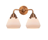288-2W-AC-G171 2-Light 14.75" Antique Copper Bath Vanity Light - Matte White Cased Fulton Glass - LED Bulb - Dimmensions: 14.75 x 7.625 x 11.625 - Glass Up or Down: Yes