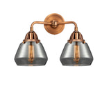 288-2W-AC-G173 2-Light 14.75" Antique Copper Bath Vanity Light - Plated Smoke Fulton Glass - LED Bulb - Dimmensions: 14.75 x 7.625 x 11.625 - Glass Up or Down: Yes