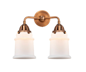 288-2W-AC-G181 2-Light 14" Antique Copper Bath Vanity Light - Matte White Canton Glass - LED Bulb - Dimmensions: 14 x 7.25 x 13.625 - Glass Up or Down: Yes
