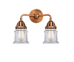 288-2W-AC-G182S 2-Light 13.25" Antique Copper Bath Vanity Light - Clear Small Canton Glass - LED Bulb - Dimmensions: 13.25 x 6.875 x 11.875 - Glass Up or Down: Yes