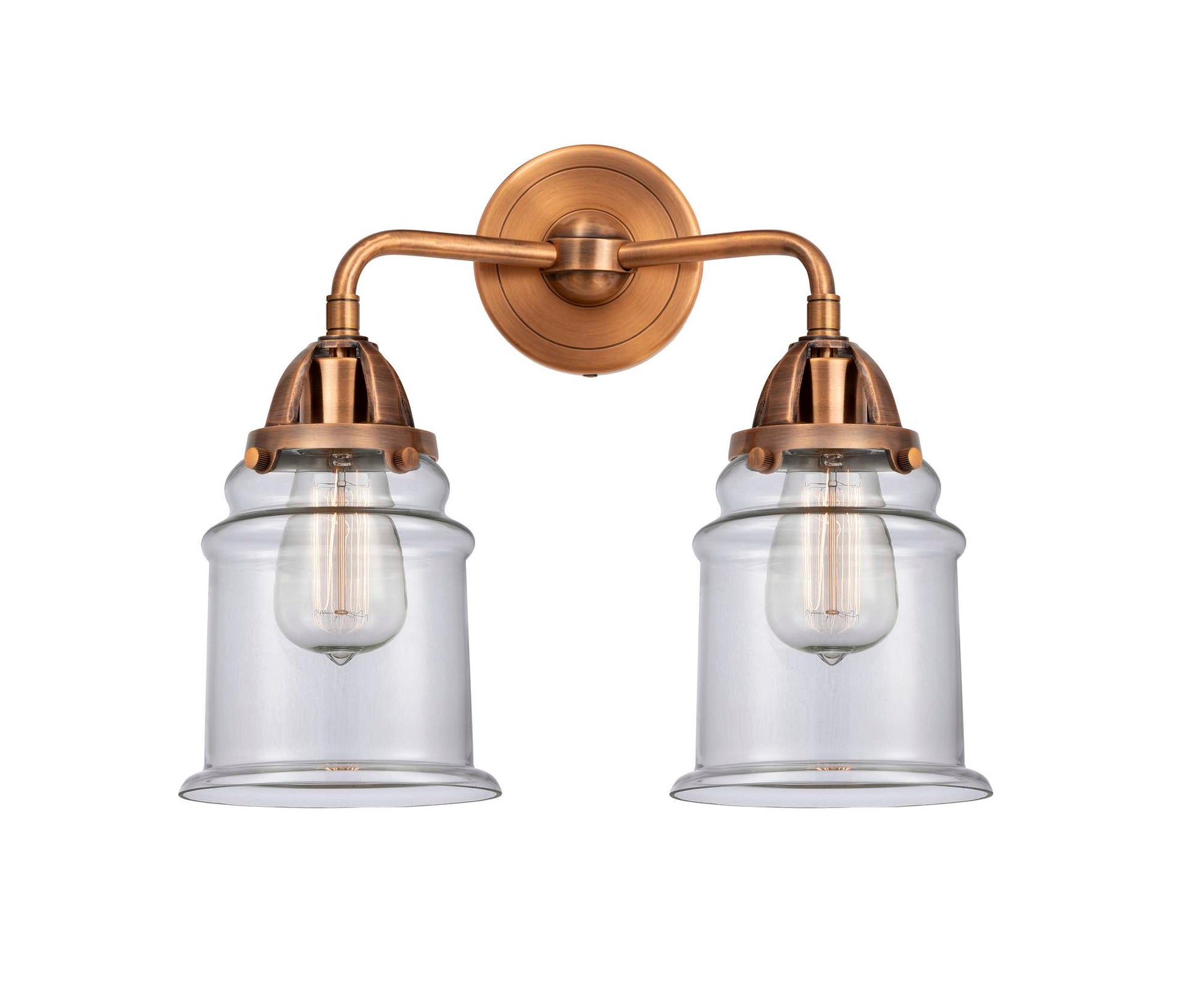 288-2W-AC-G182 2-Light 14" Antique Copper Bath Vanity Light - Clear Canton Glass - LED Bulb - Dimmensions: 14 x 7.25 x 13.625 - Glass Up or Down: Yes