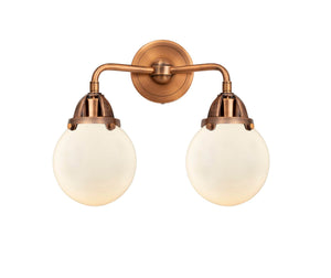 288-2W-AC-G201-6 2-Light 14" Antique Copper Bath Vanity Light - Matte White Cased Beacon Glass - LED Bulb - Dimmensions: 14 x 7.25 x 12.125 - Glass Up or Down: Yes