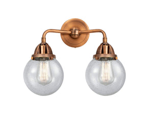 288-2W-AC-G204-6 2-Light 14" Antique Copper Bath Vanity Light - Seedy Beacon Glass - LED Bulb - Dimmensions: 14 x 7.25 x 12.125 - Glass Up or Down: Yes