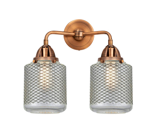 288-2W-AC-G262 2-Light 14" Antique Copper Bath Vanity Light - Vintage Wire Mesh Stanton Glass - LED Bulb - Dimmensions: 14 x 7.25 x 14.125 - Glass Up or Down: Yes