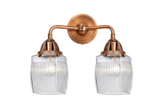 288-2W-AC-G302 2-Light 13.5" Antique Copper Bath Vanity Light - Thick Clear Halophane Colton Glass - LED Bulb - Dimmensions: 13.5 x 7 x 12.375 - Glass Up or Down: Yes