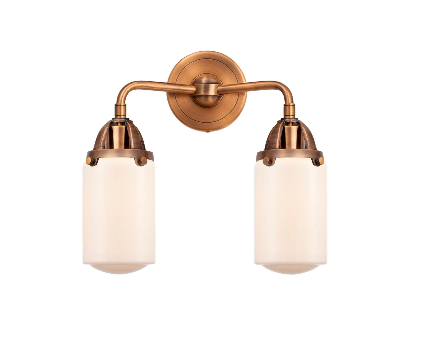 288-2W-AC-G311 2-Light 12.5" Antique Copper Bath Vanity Light - Matte White Cased Dover Glass - LED Bulb - Dimmensions: 12.5 x 6.5 x 12.875 - Glass Up or Down: Yes