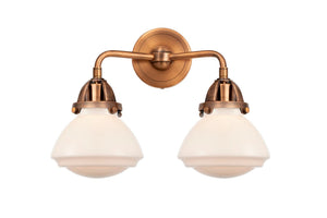 288-2W-AC-G321 2-Light 14.75" Antique Copper Bath Vanity Light - Matte White Olean Glass - LED Bulb - Dimmensions: 14.75 x 6.875 x 11.375 - Glass Up or Down: Yes