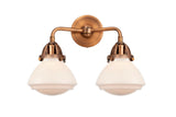 288-2W-AC-G321 2-Light 14.75" Antique Copper Bath Vanity Light - Matte White Olean Glass - LED Bulb - Dimmensions: 14.75 x 6.875 x 11.375 - Glass Up or Down: Yes