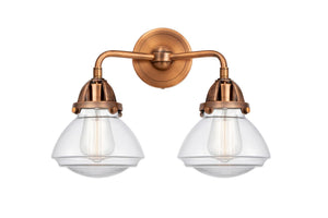 288-2W-AC-G322 2-Light 14.75" Antique Copper Bath Vanity Light - Clear Olean Glass - LED Bulb - Dimmensions: 14.75 x 6.875 x 11.375 - Glass Up or Down: Yes